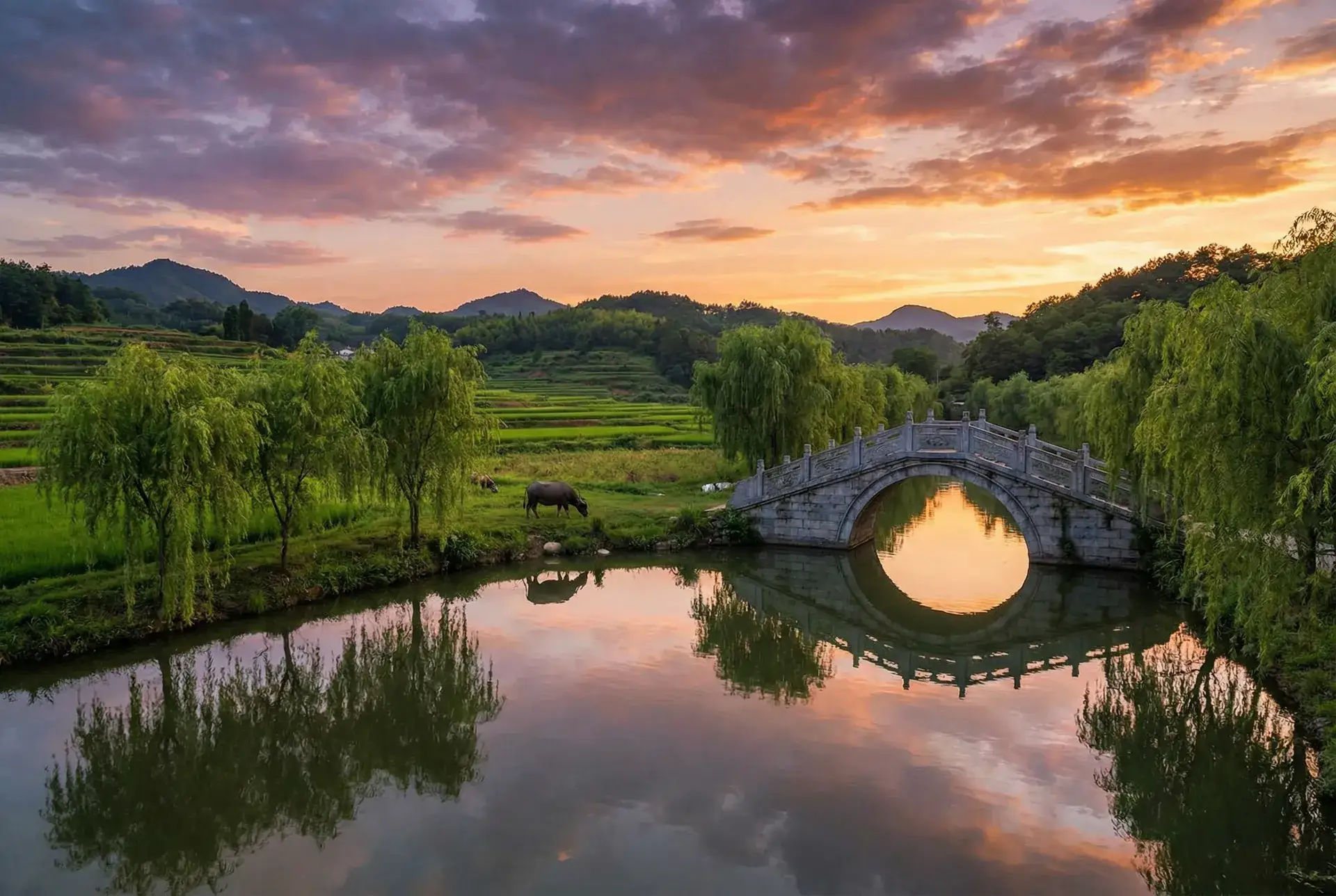 夕阳下的石拱桥与垂柳，水牛在河边吃草 - 贾跃亭许家印 乡村美景